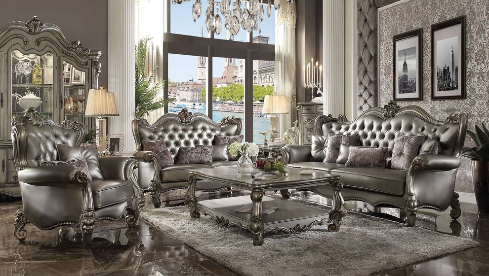 Silver pu w/ antique platinum classic style sofa by Acme