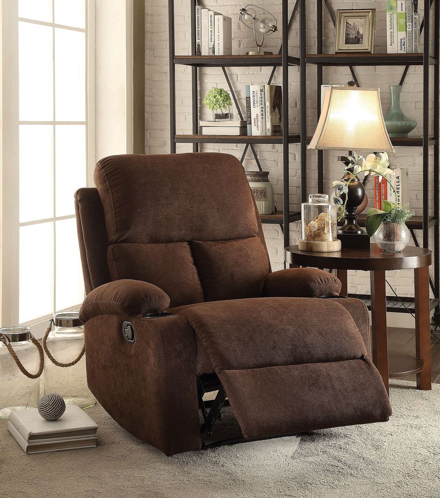 Chocolate linen recliner with cup holders by Acme