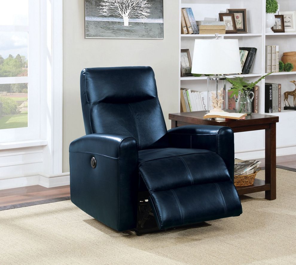 Navy blue top grain leather power motion recliner by Acme