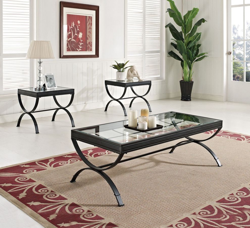 Black finish 3pcs coffee table set w/ glass top by Acme