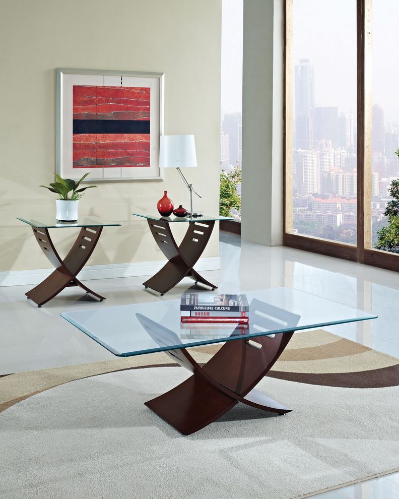 Cherry finish / glass top 3pcs coffee table set by Acme