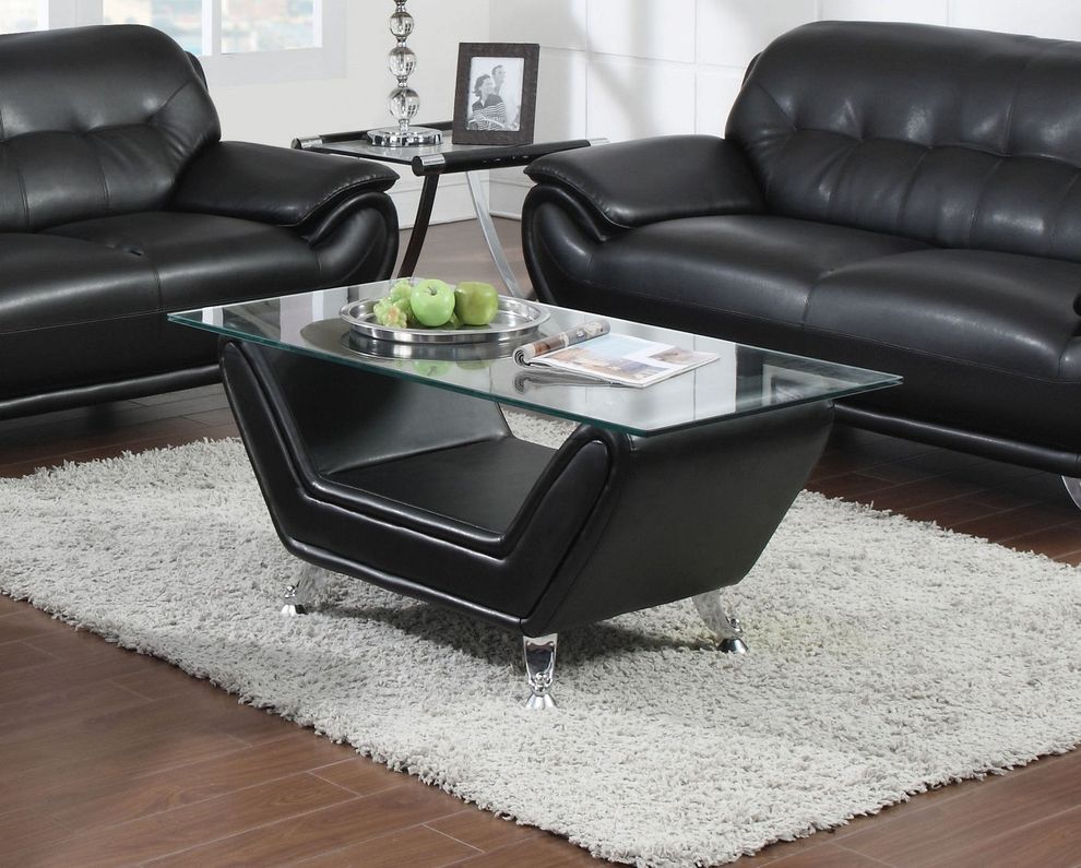 Black bonded leather / glass top coffee table by Acme