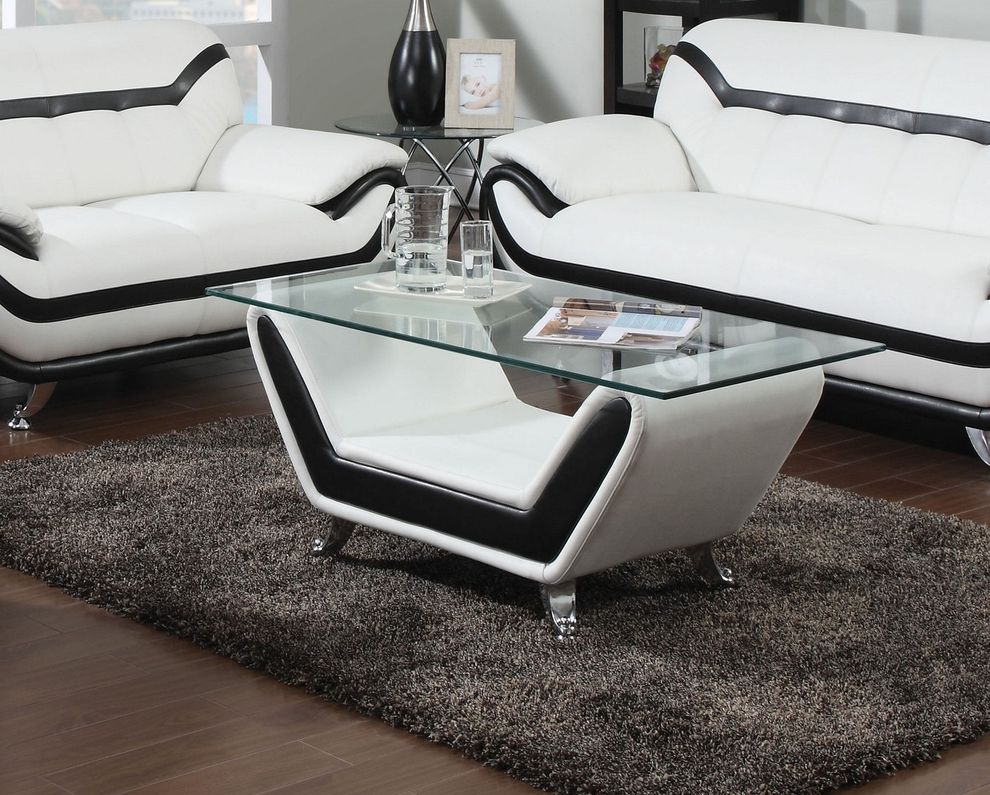 White/black bonded leather / glass top coffee table by Acme
