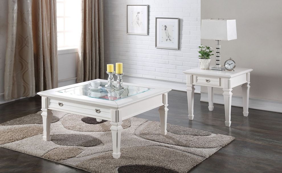 White glass insert top coffee table in square by Acme