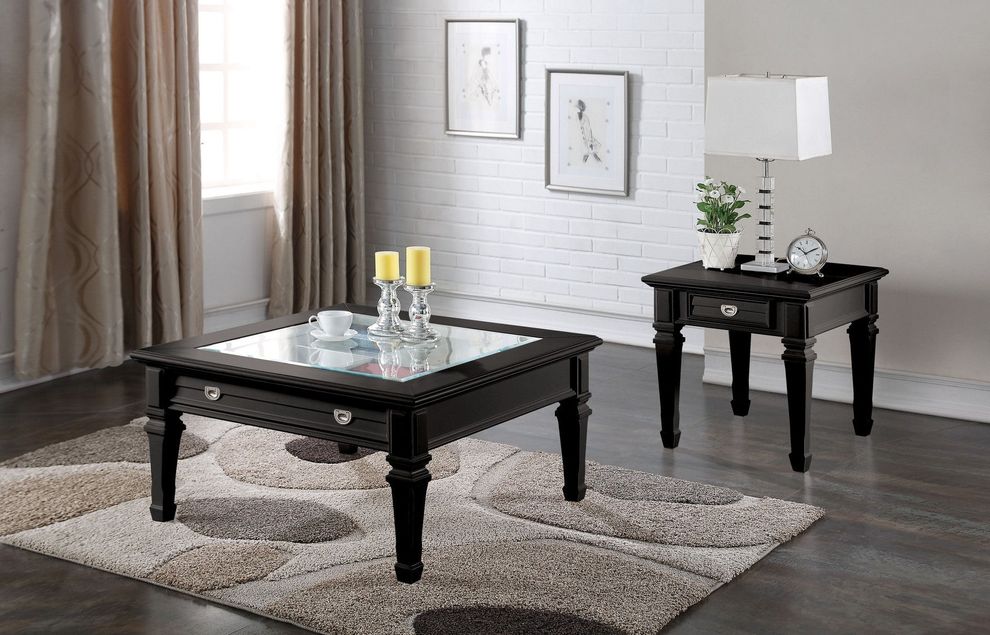 Black glass insert top coffee table in square by Acme