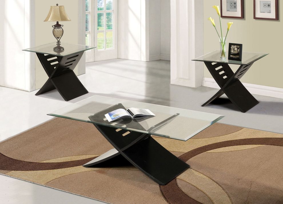 Black finish / glass top 3pcs coffee table set by Acme
