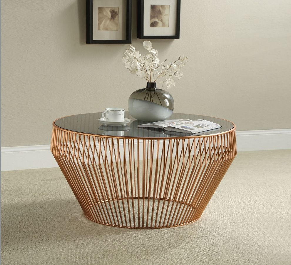 Copper finish / smoky glass top coffee table by Acme