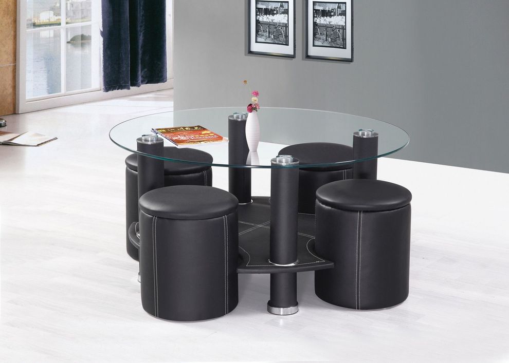 5pcs round glass top coffee tables + ottoman set by Acme