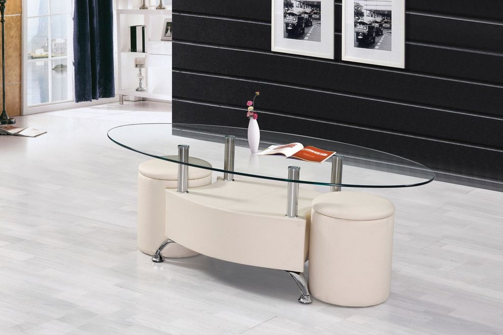 Cream pu leather / clear glass coffee table by Acme