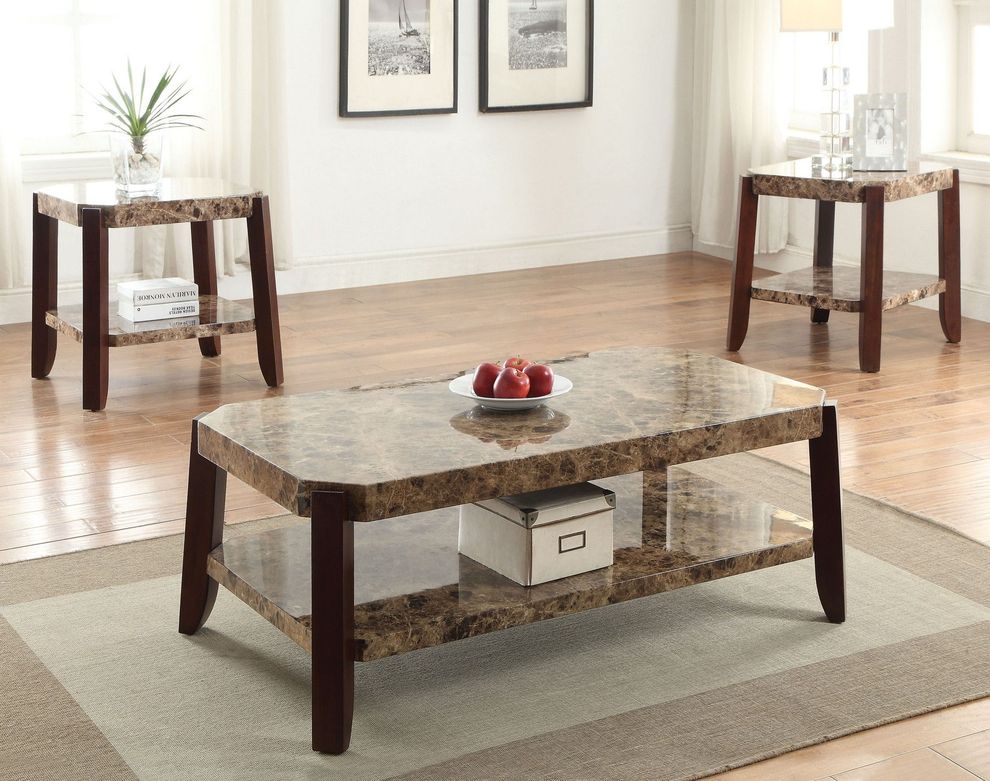 Faux marble top brown finish coffee table by Acme