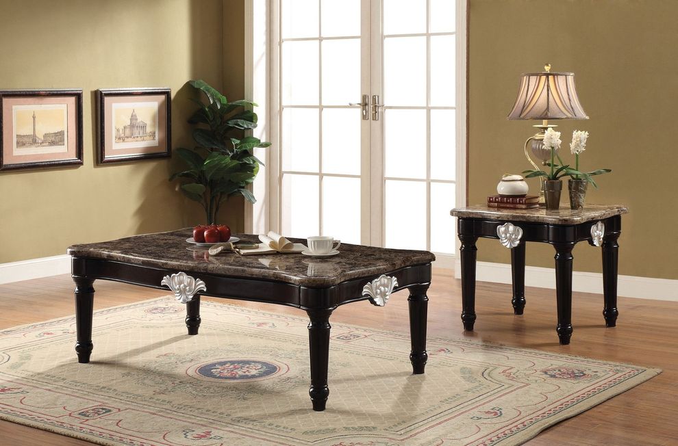 Black finish marble top classic coffee table by Acme