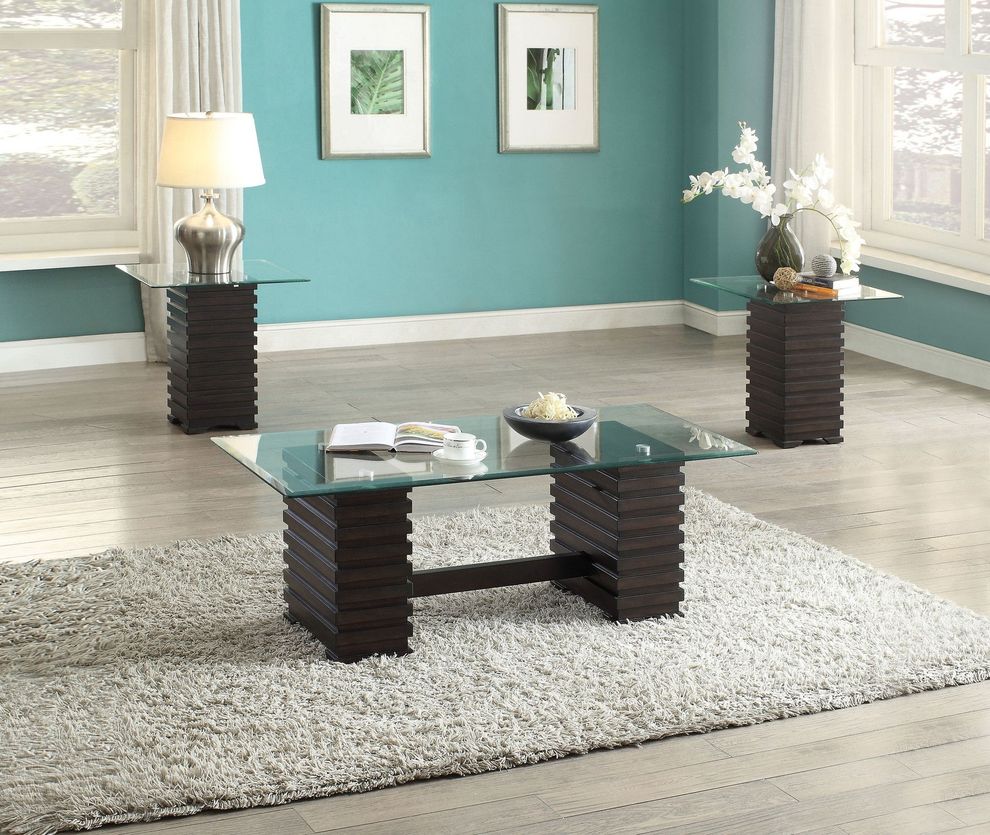 Espresso finish / clear glass top 3pcs coffee table set by Acme