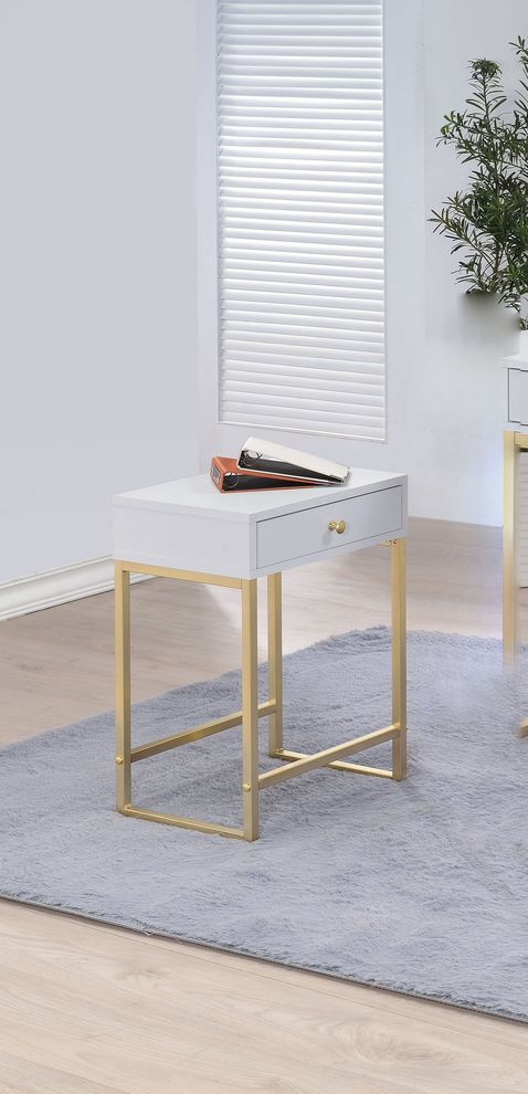 White / brass finish accent / end table by Acme