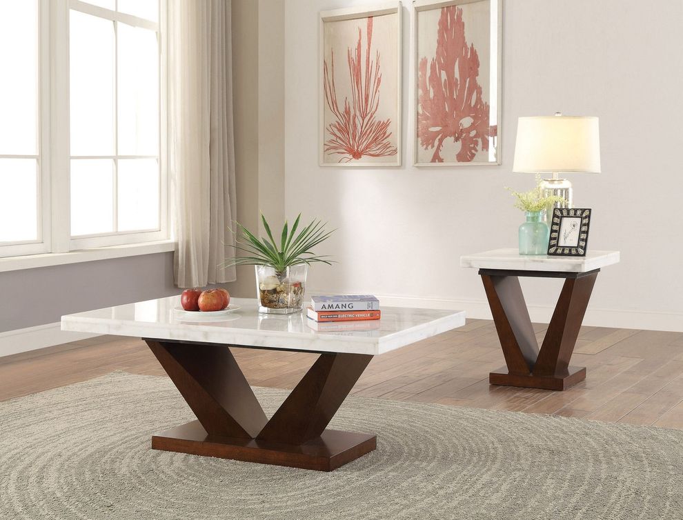 White marble top / walnut legs coffee table by Acme