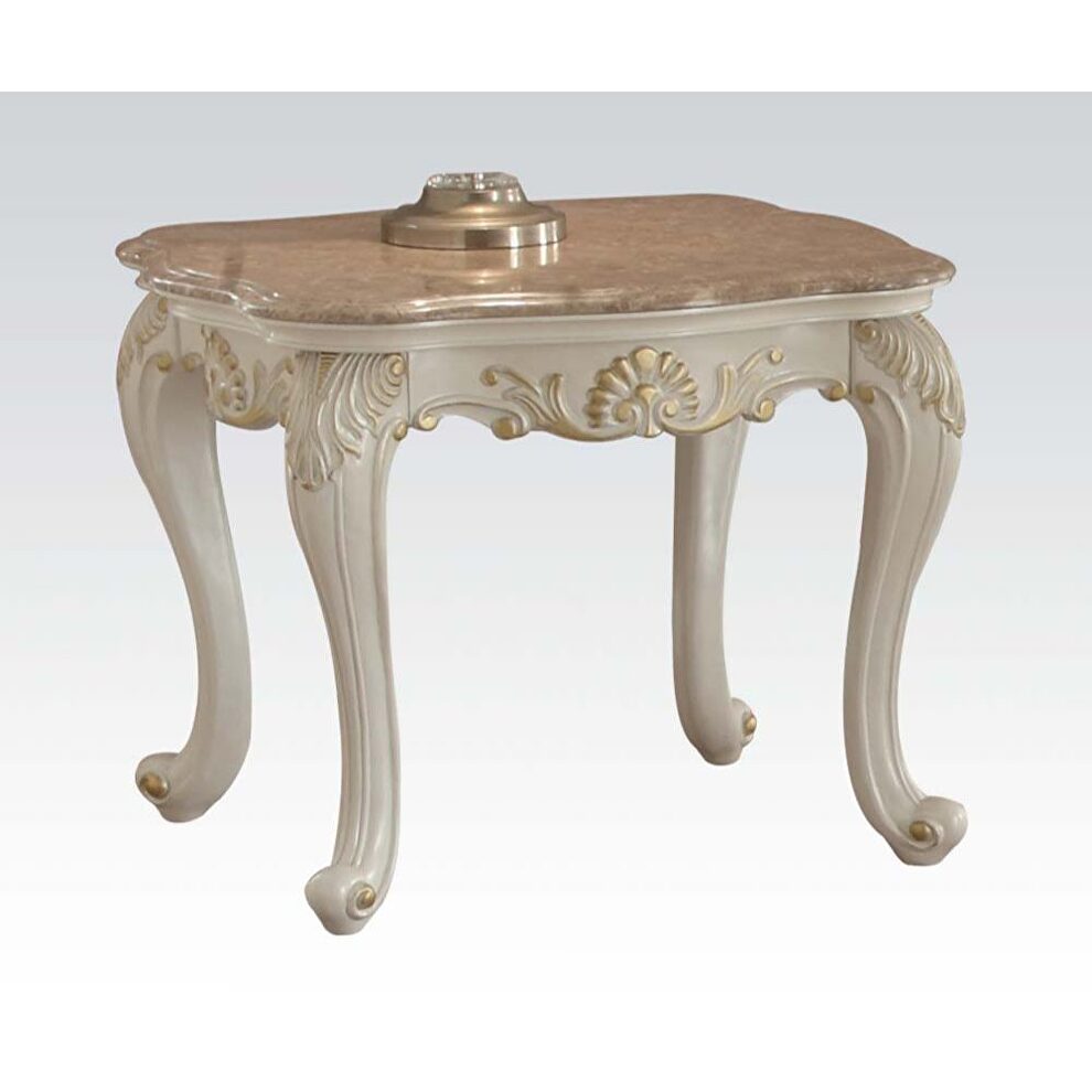 Pearl white / marble top classic end table by Acme
