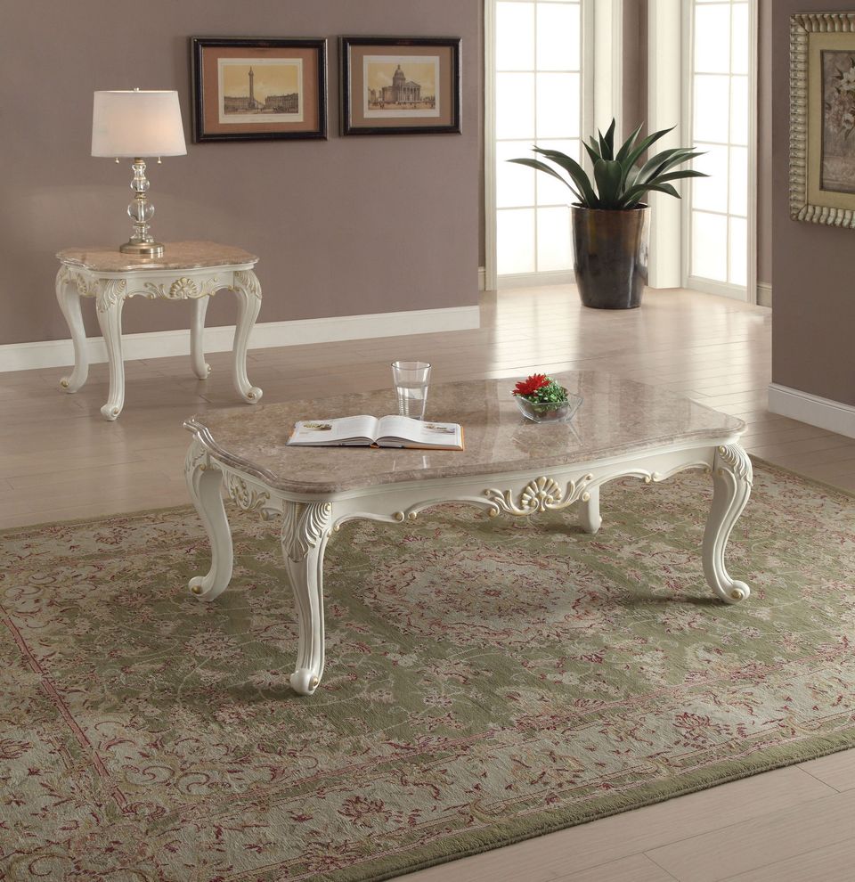 Pearl white / marble top classic coffee table by Acme
