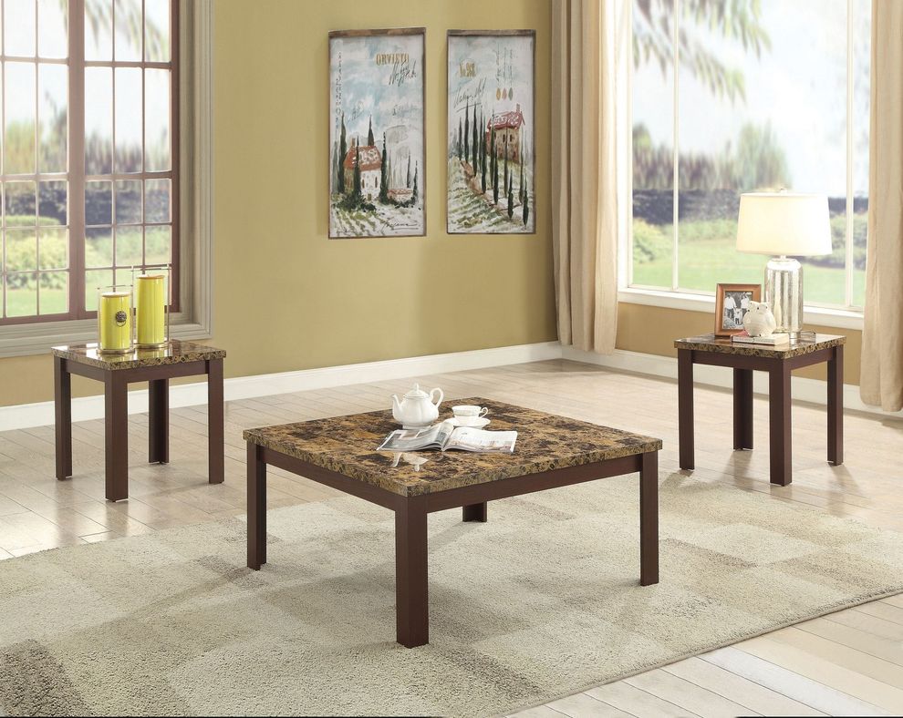 3pcs square coffee/end table set in dark brown by Acme