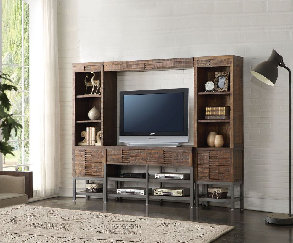 Rustic industrial style reclaimed oak wall-unit by Acme