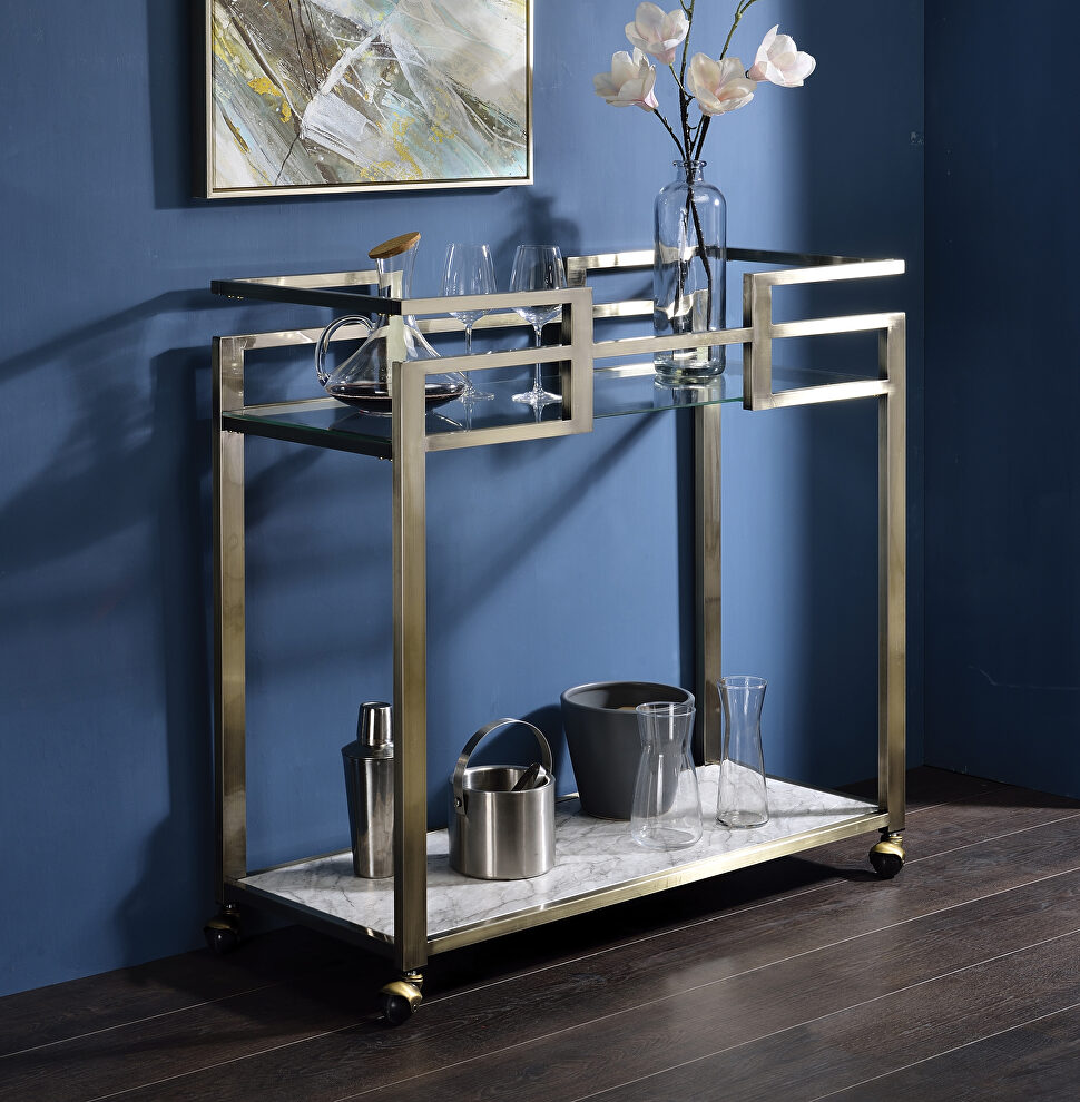 Clear glass/ faux marble shelf and wire brass finish base kitchen cart by Acme