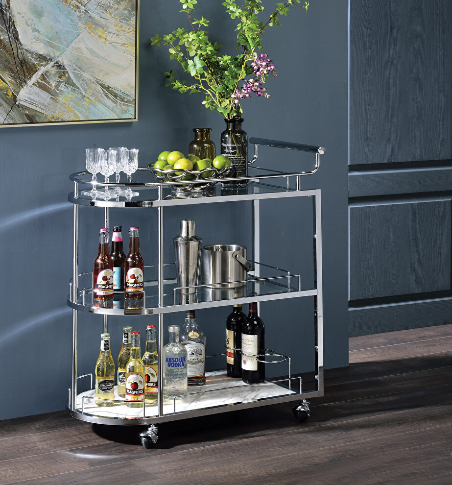 Clear glass shelf  & chrome finish base oval serving cart by Acme