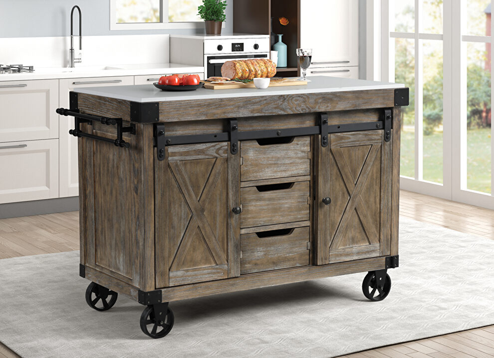 Marble top & weathered gray finish base rectangular kitchen island by Acme