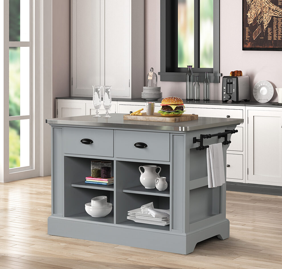 Gray finish stainless steel top kitchen island by Acme