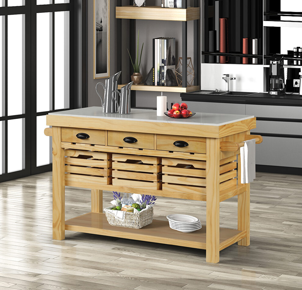 Marble & natural finish rectangular kitchen island by Acme