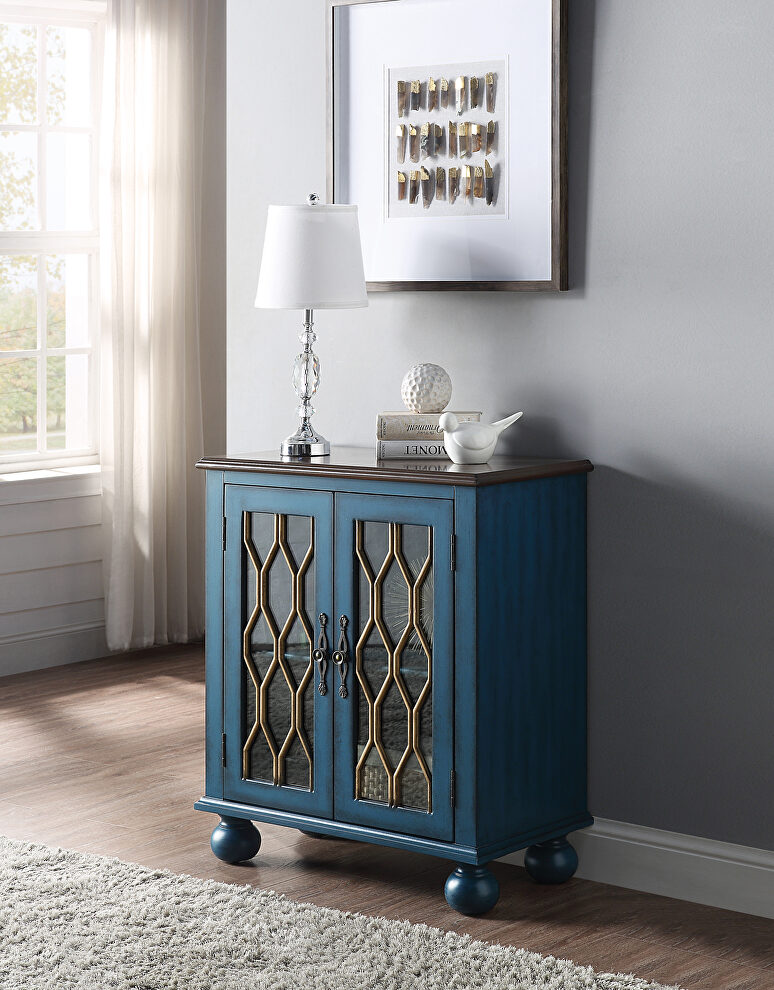 Antique blue finish pattern & clear glass front doors accent table by Acme