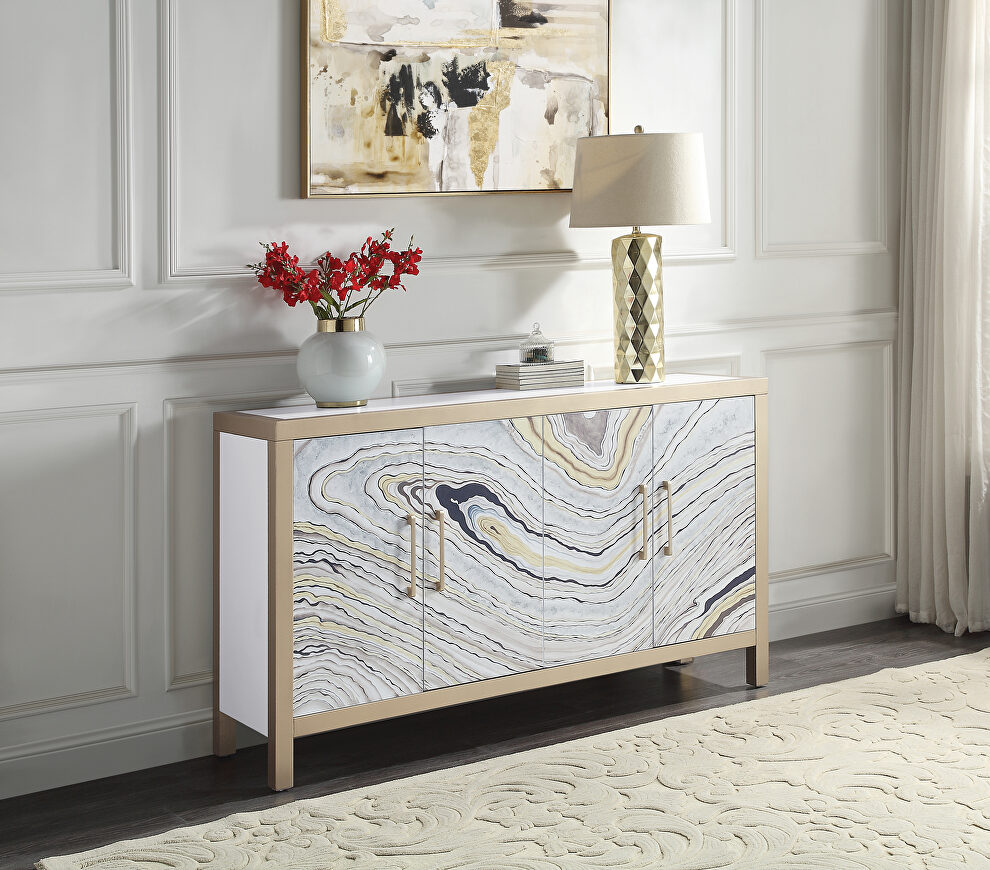Stone grain, white & gold finish stone grain doors front console table by Acme