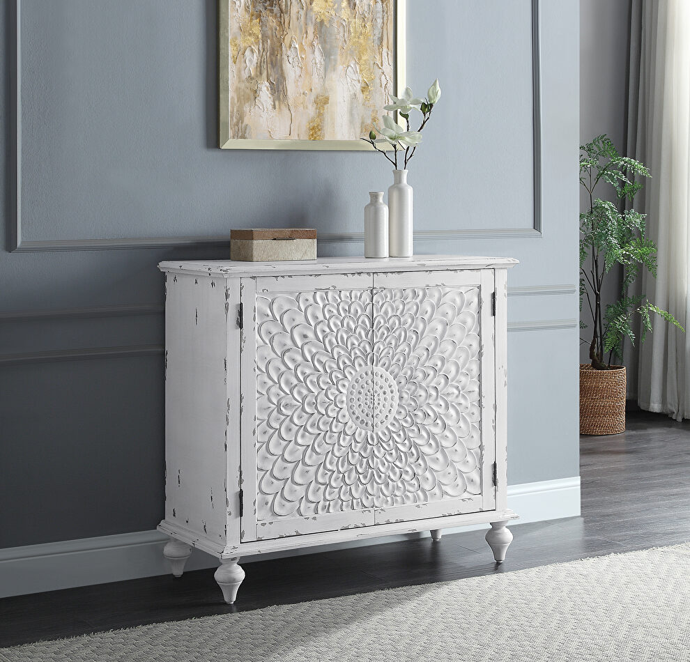 Antique white finish pattern front doors accent table by Acme
