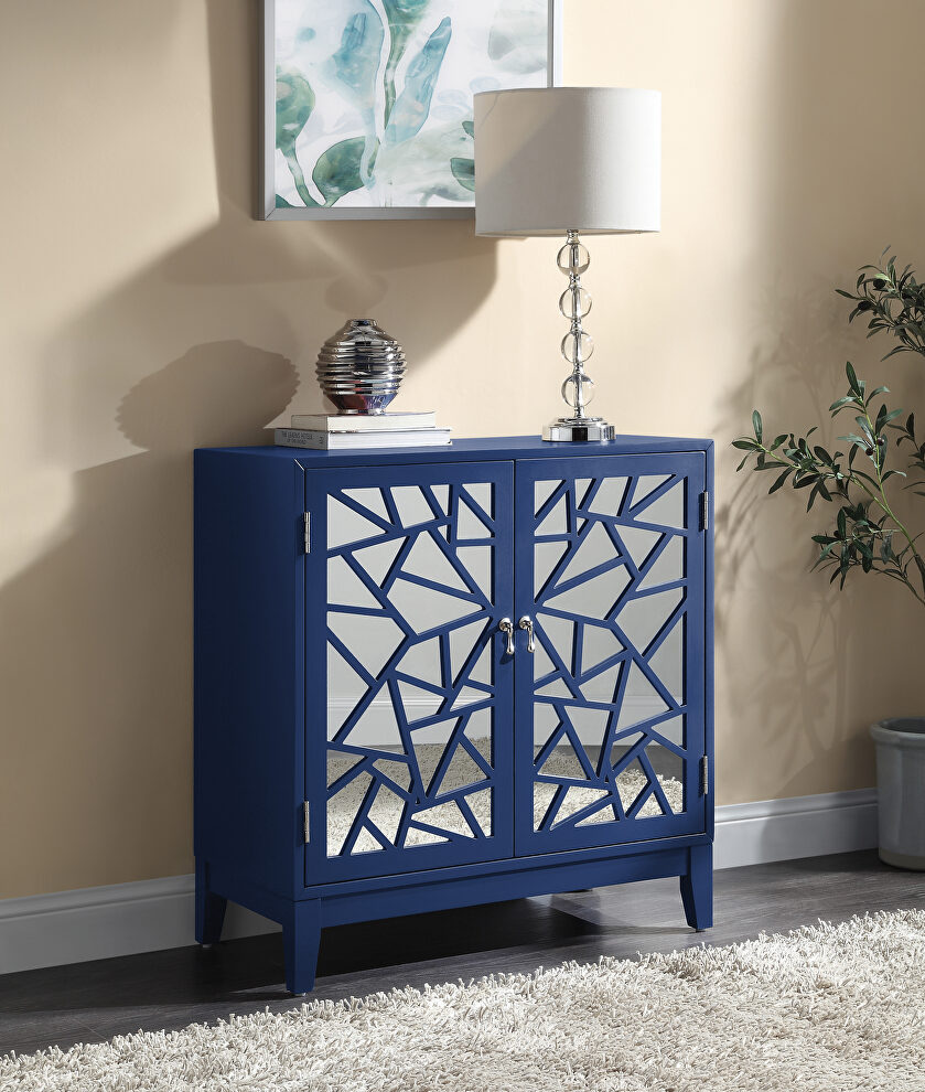 Blue finish pattern & mirror doors front console table by Acme