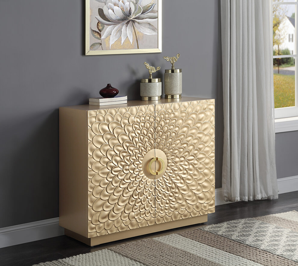 Gold finish pattern doors front console table by Acme