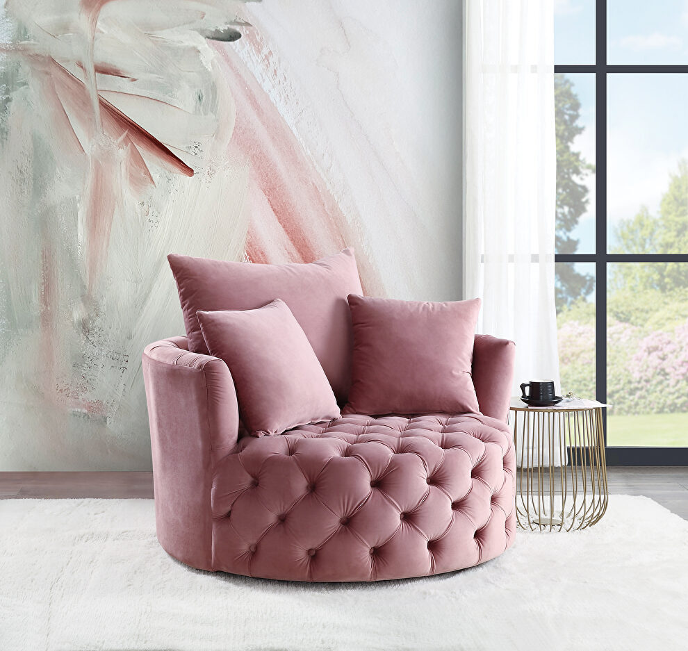 Pink velvet button tufted barrel chair by Acme