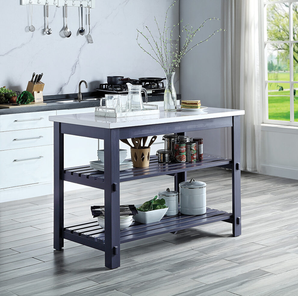 Marble top & gray finish base kitchen island by Acme