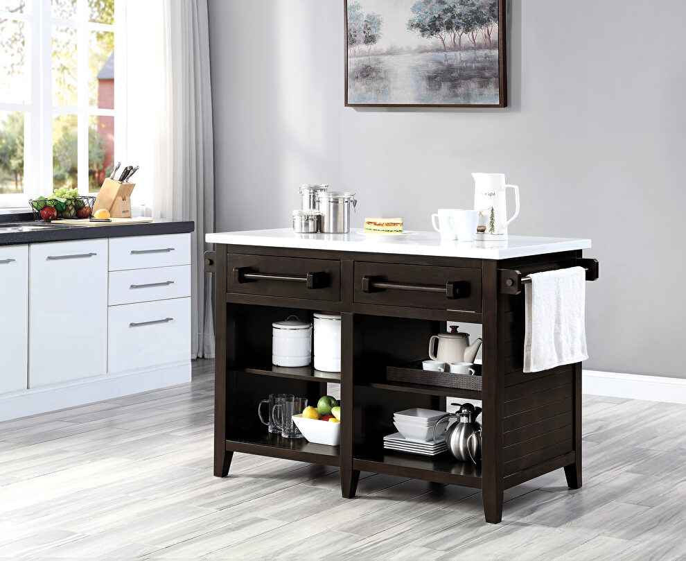 Marble top & espresso finish base kitchen island by Acme