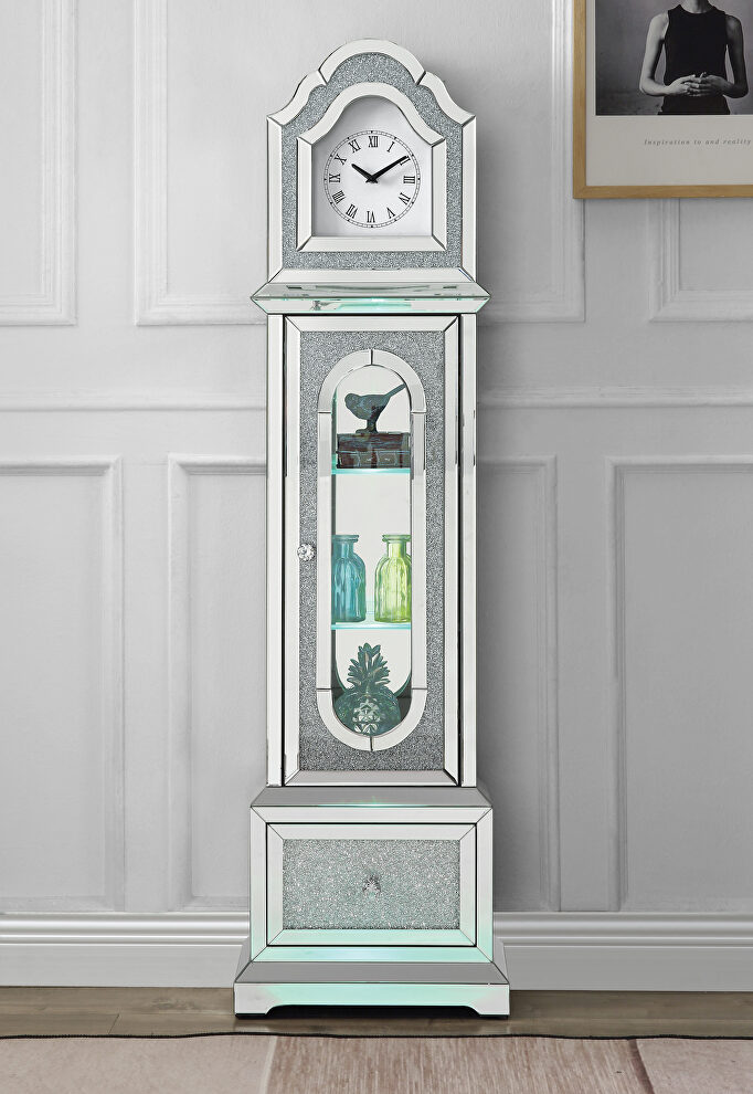 Mirrored & faux diamonds standing flat wall grandfather clock w/ led by Acme