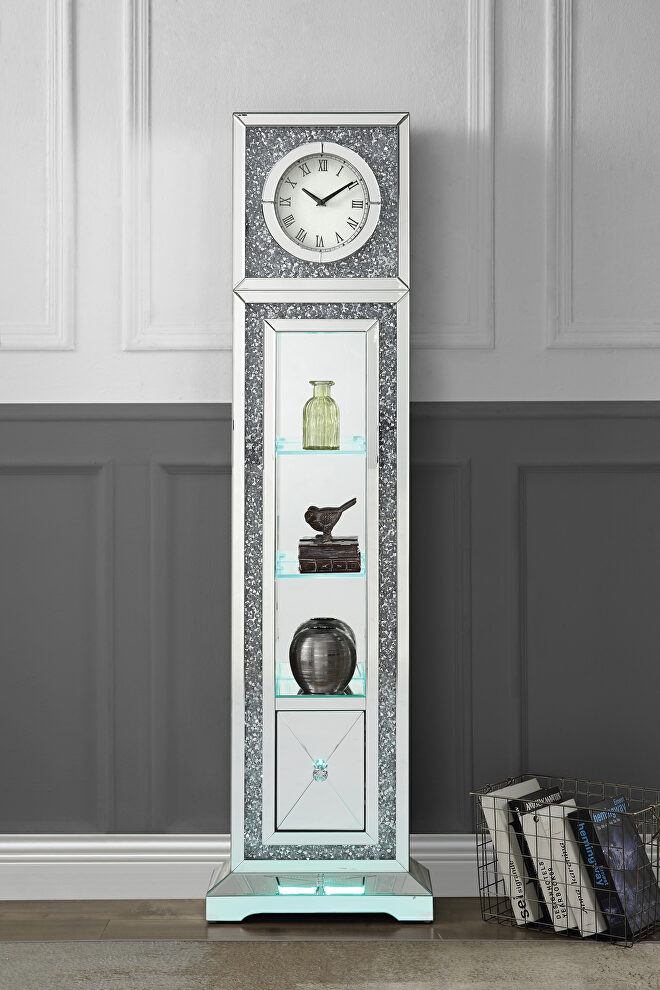 Mirrored frame and faux diamonds standing flat wall grandfather clock by Acme