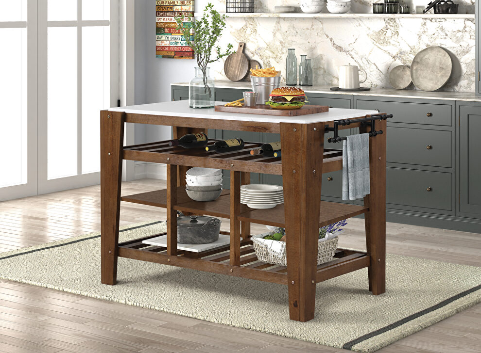 Marble top & rustic brown finish base kitchen island by Acme