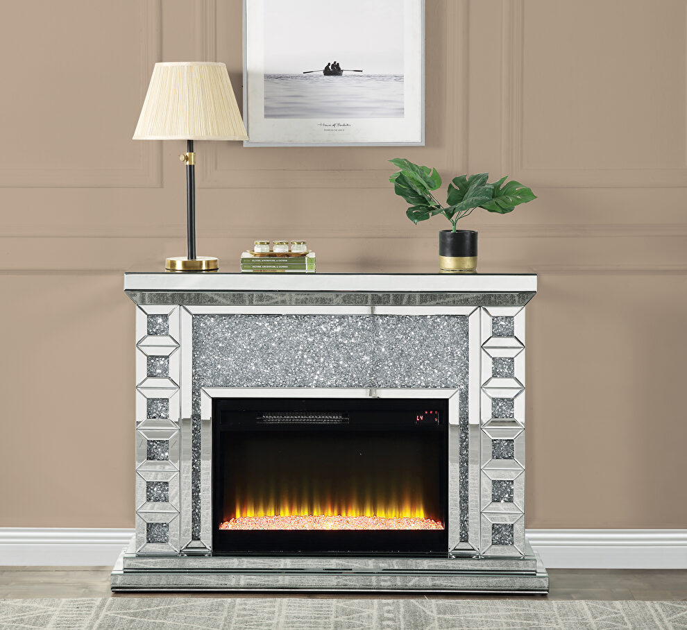 Beveled mirrored frame/ faux diamonds inlay led electric fireplace by Acme