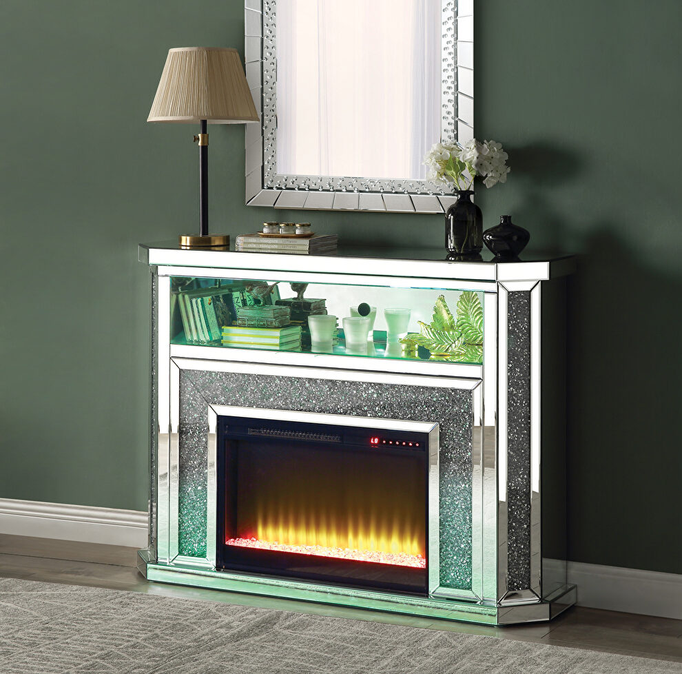 Mirrored & faux diamonds electric led fireplace with illuminate by Acme