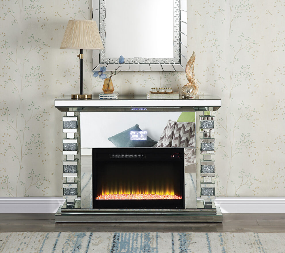 Beautiful mirrored finish and faux diamond inlay led electric fireplace by Acme