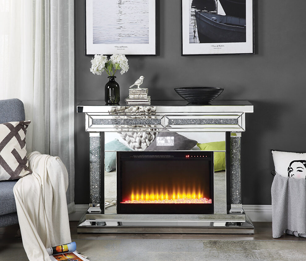 Mirrored & faux diamonds electric fireplace with illuminate by Acme
