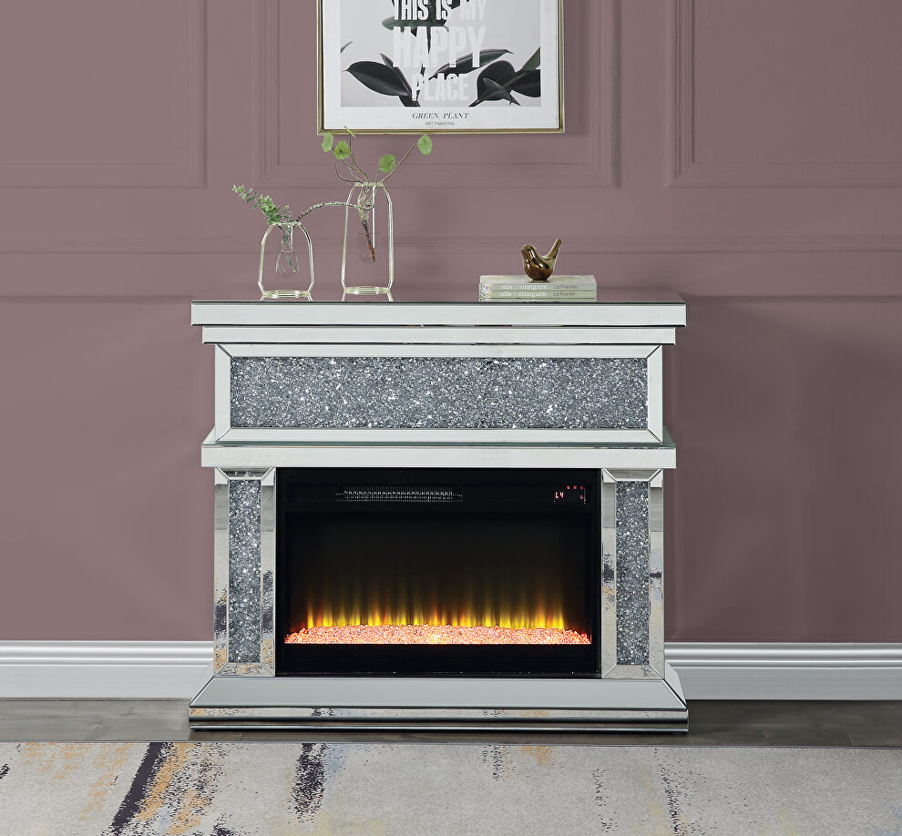 Mirrored chevron pattern and faux diamonds electric fireplace by Acme