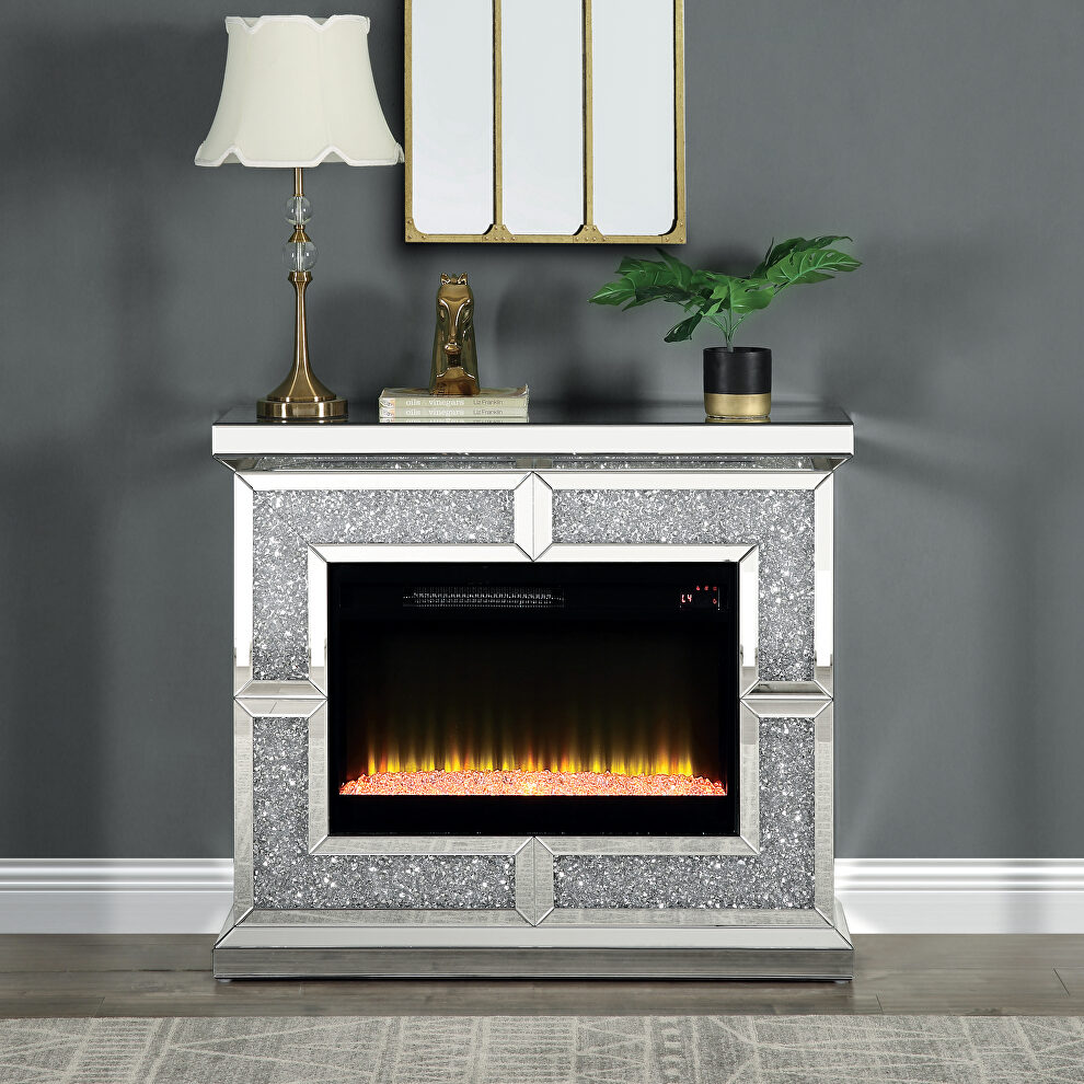 Beveled mirrored frame/ faux diamonds inlay electric fireplace with led by Acme