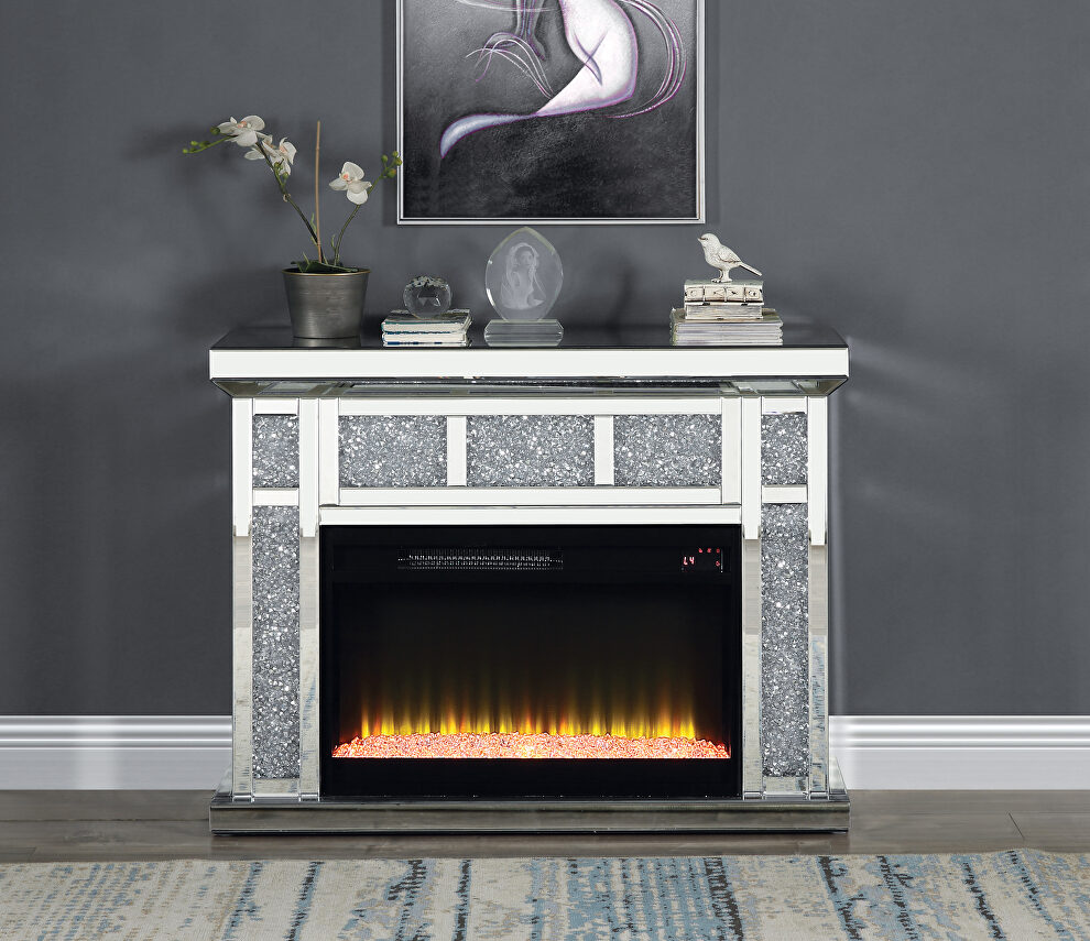 Beveled mirrored frame and acrylic diamonds inlay led electric fireplace by Acme