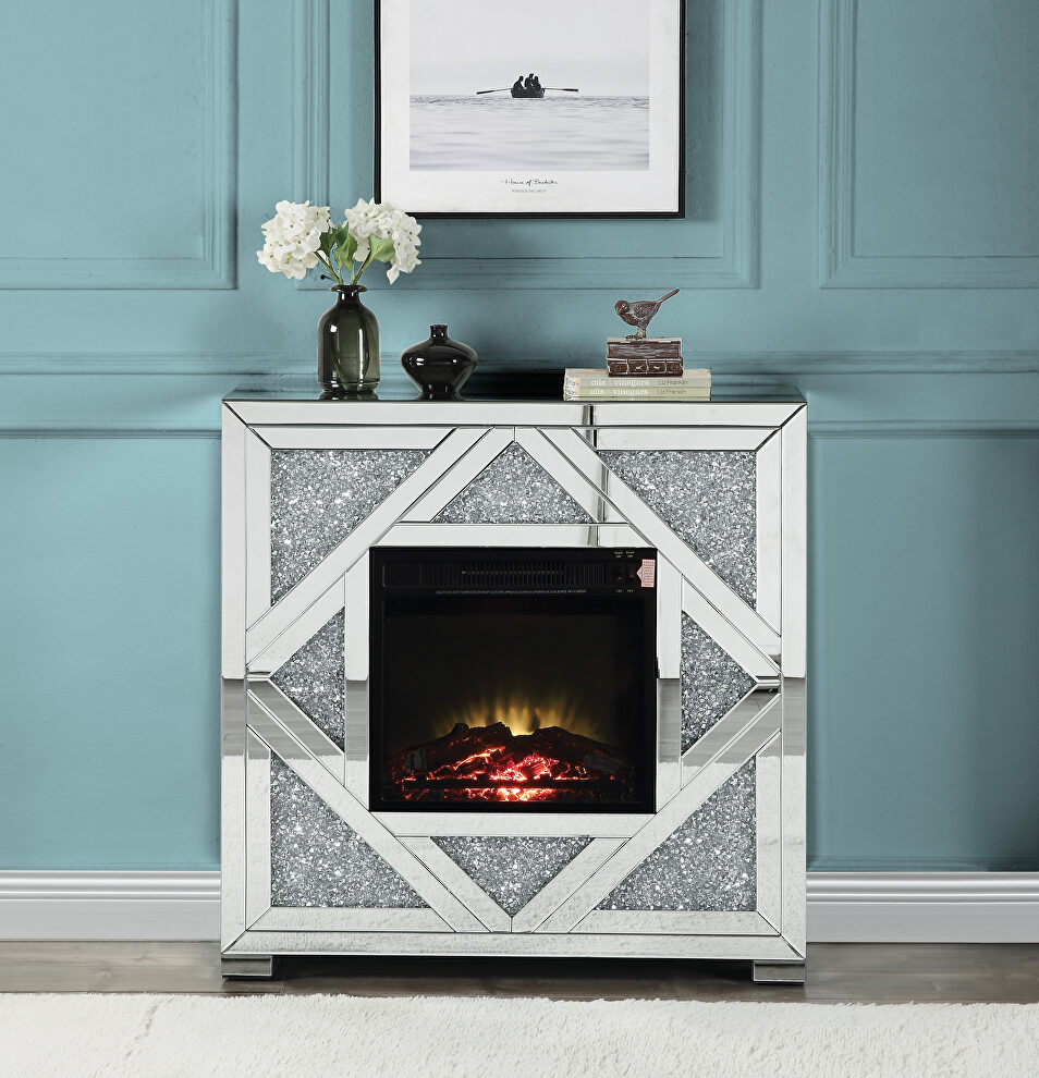 Mirrored & faux diamonds contemporary style led electric fireplace by Acme