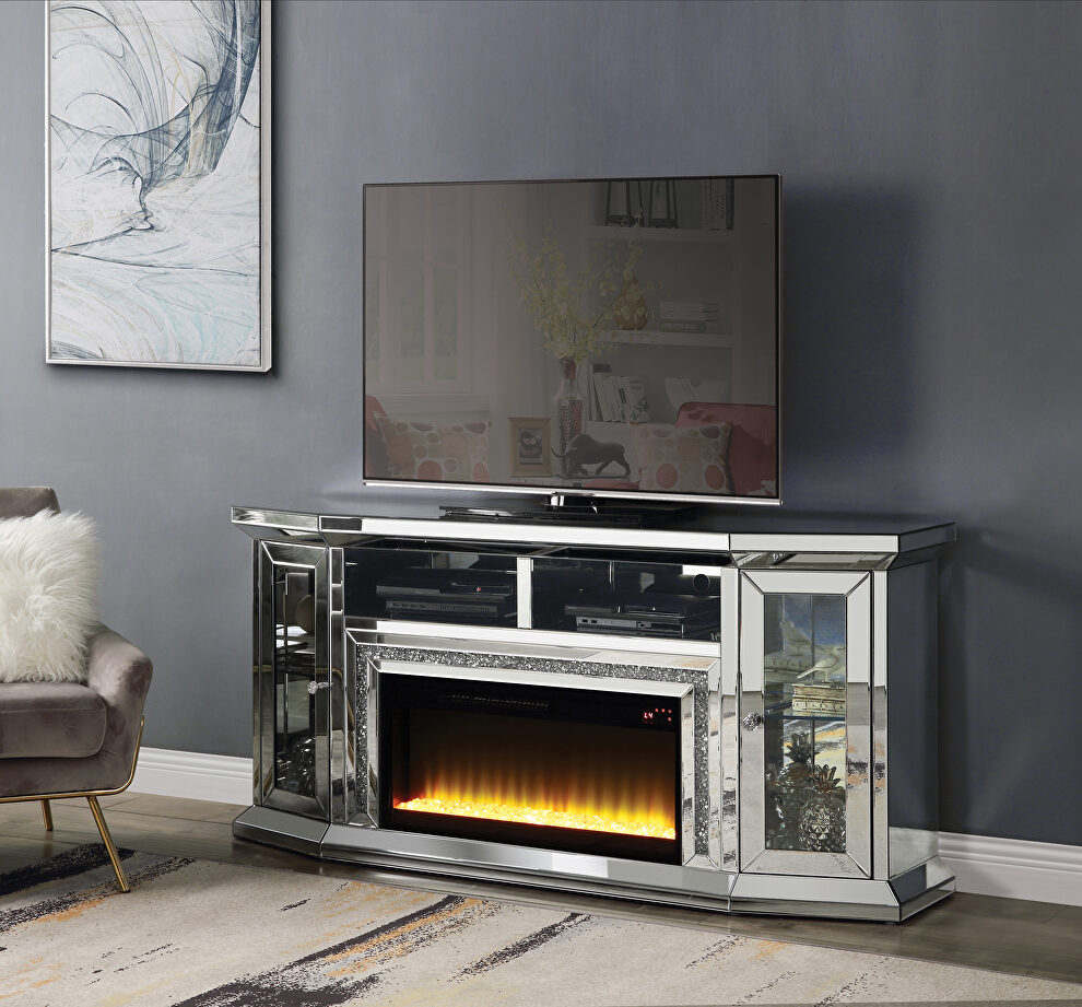 Mirrored & faux diamonds TV stand w/ fireplace and led by Acme