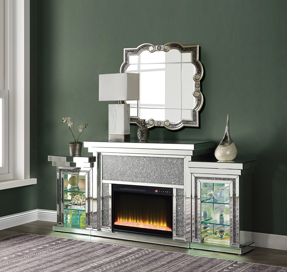 Beveled mirrored frame and faux diamonds inlay led electric fireplace by Acme