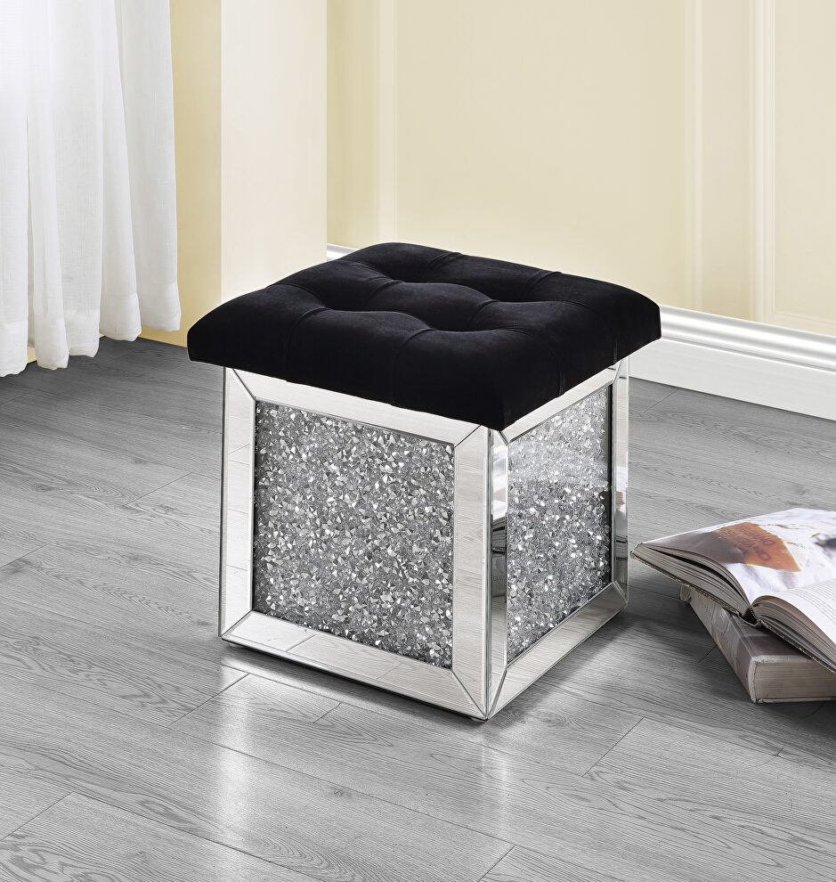 Mirrored & faux diamonds inlay tufted cushion ottoman by Acme