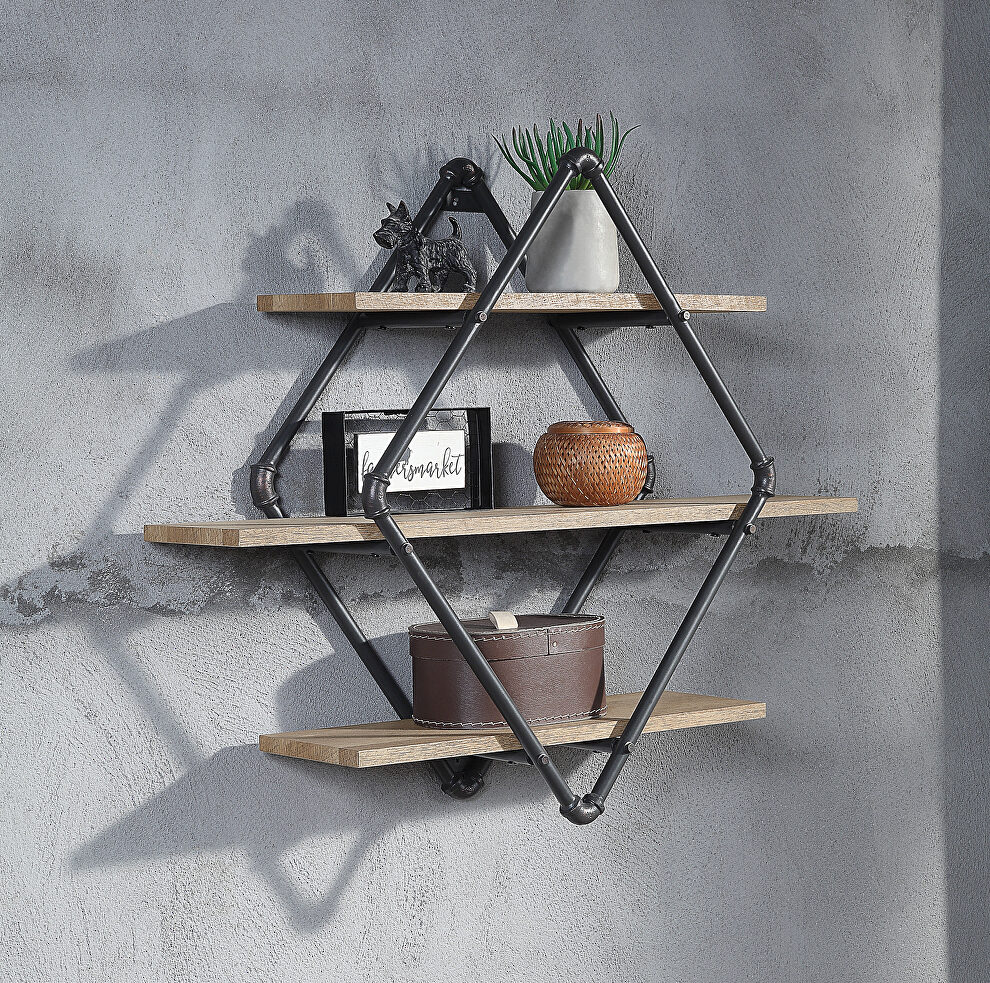 Oak & sandy black finish metal frame wall shelf by Acme